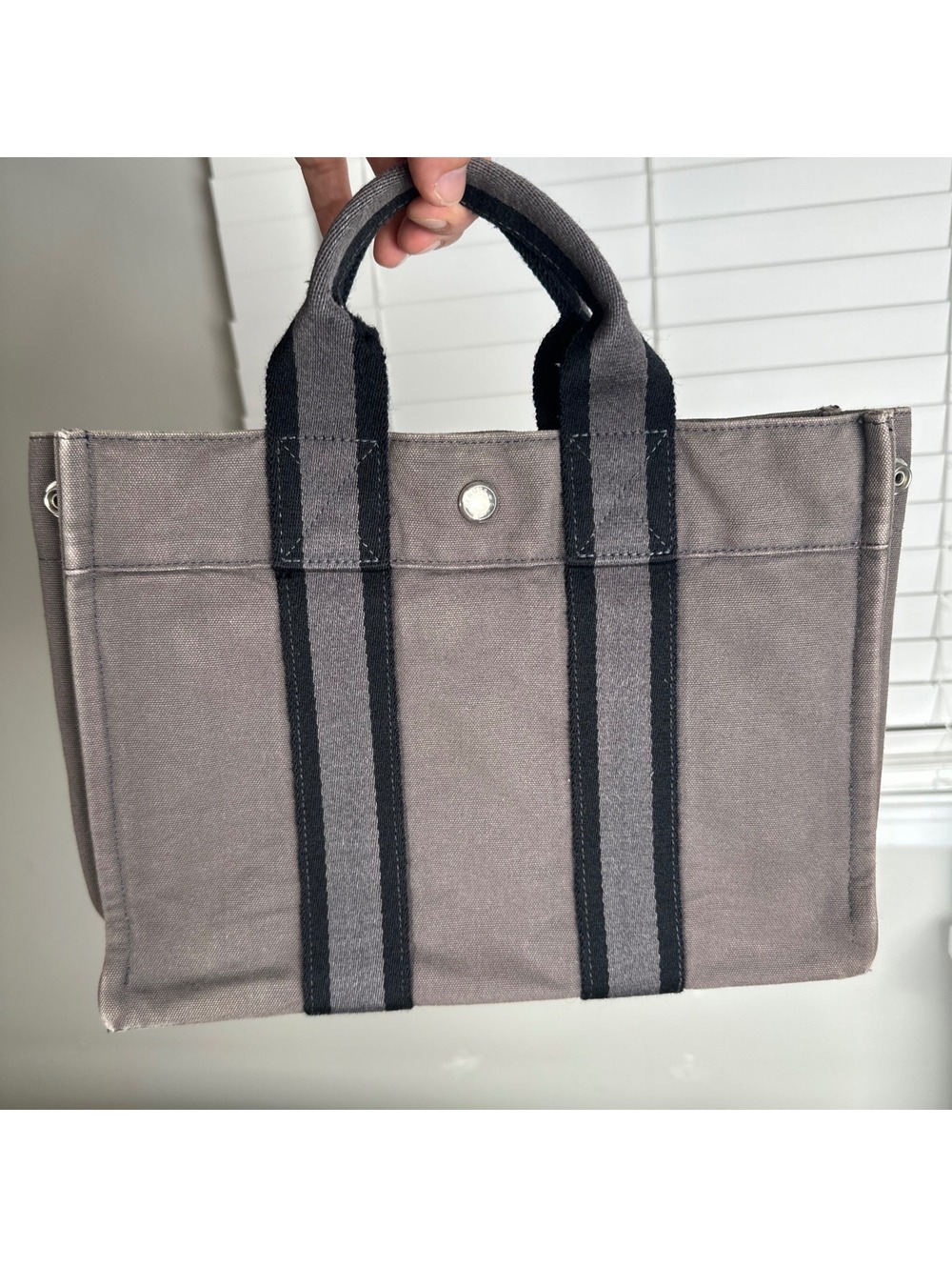 Hermes Fourre Tout PM Tote Grey Black Canvas France Handbag